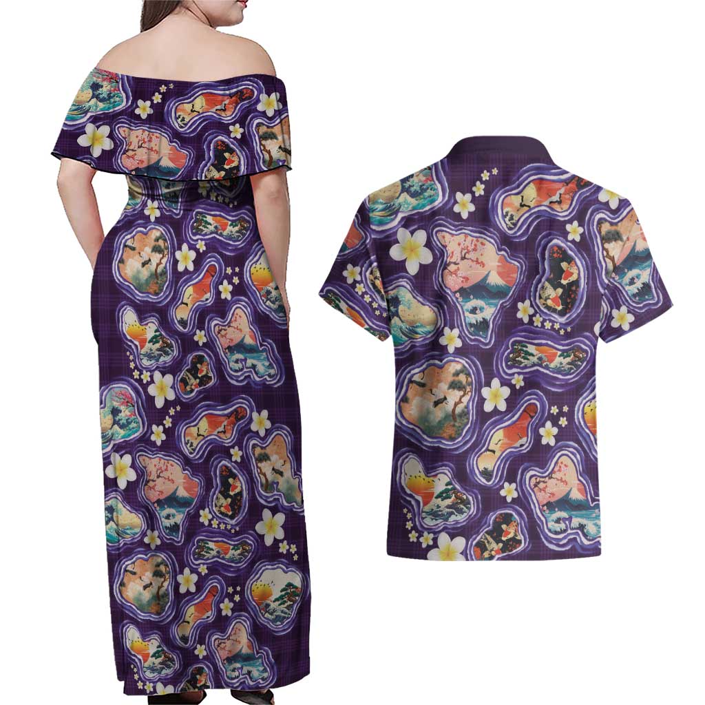 Hawaii Islands Map Design with Japanese Landscape Couples Matching Off Shoulder Maxi Dress and Hawaiian Shirt Hawaiian Japan Fusion Art Purple Color