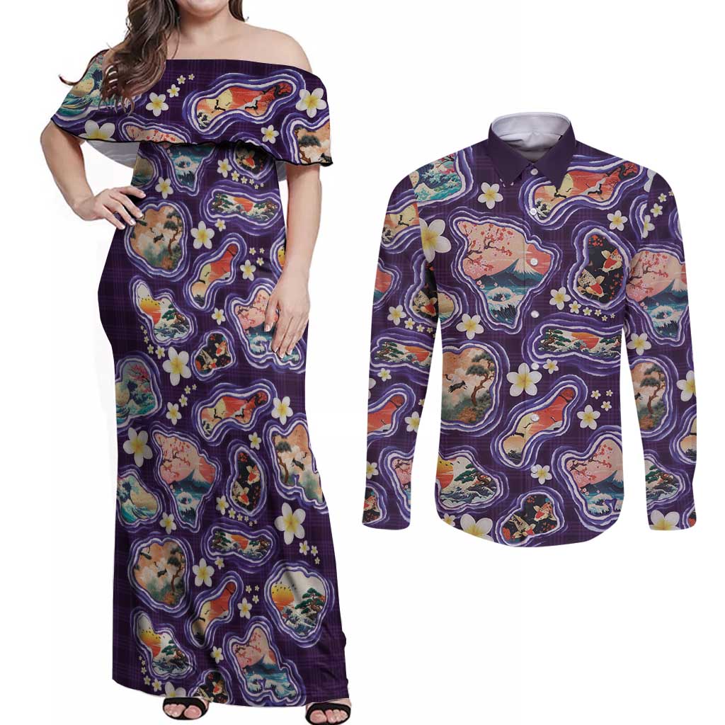 Hawaii Islands Map Design with Japanese Landscape Couples Matching Off Shoulder Maxi Dress and Long Sleeve Button Shirt Hawaiian Japan Fusion Art Purple Color