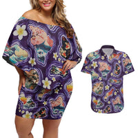 Hawaii Islands Map Design with Japanese Landscape Couples Matching Off Shoulder Short Dress and Hawaiian Shirt Hawaiian Japan Fusion Art Purple Color