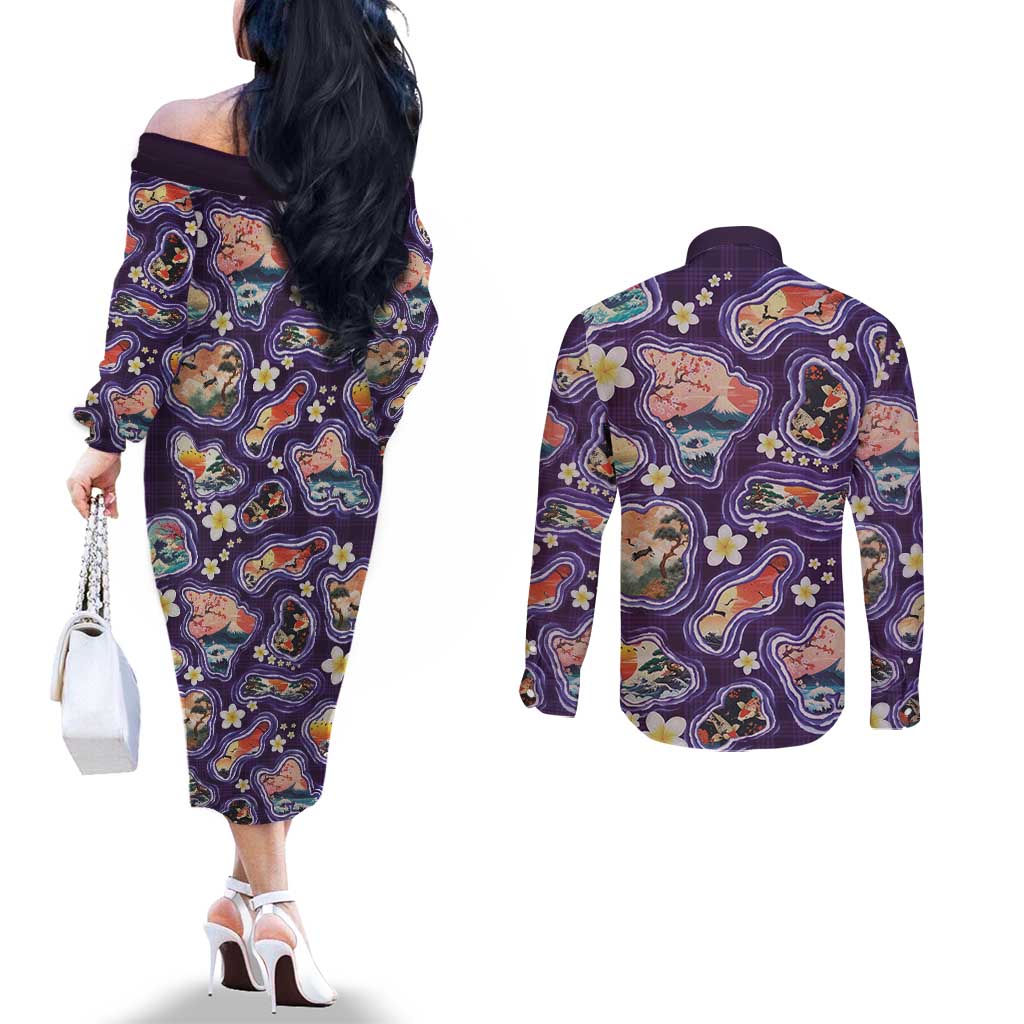 Hawaii Islands Map Design with Japanese Landscape Couples Matching Off The Shoulder Long Sleeve Dress and Long Sleeve Button Shirt Hawaiian Japan Fusion Art Purple Color