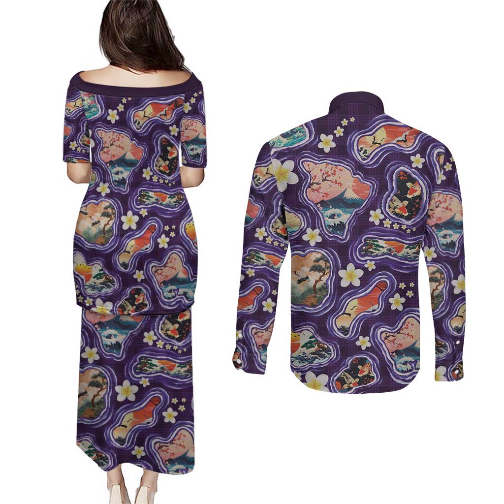 Hawaii Islands Map Design with Japanese Landscape Couples Matching Puletasi and Long Sleeve Button Shirt Hawaiian Japan Fusion Art Purple Color