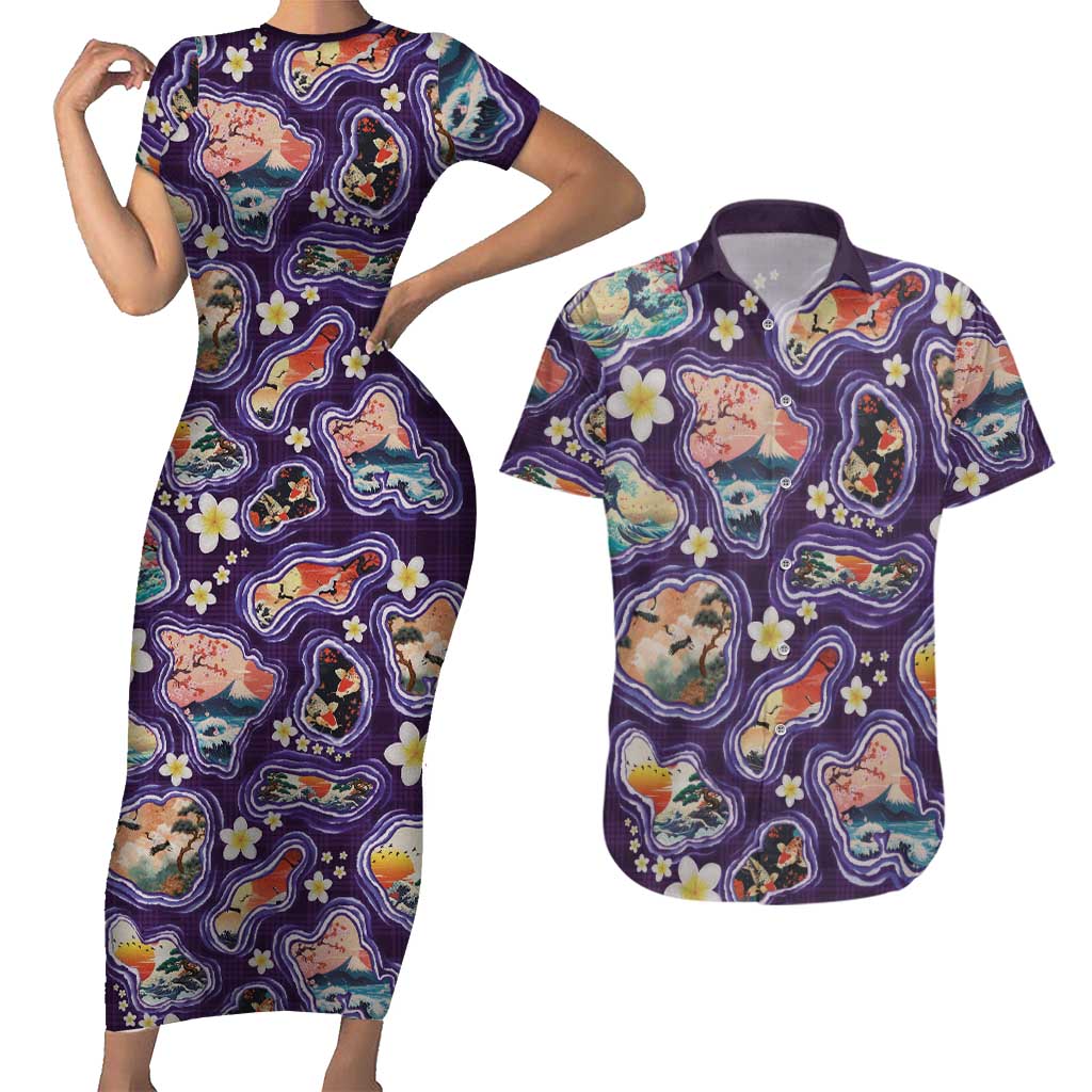 Hawaii Islands Map Design with Japanese Landscape Couples Matching Short Sleeve Bodycon Dress and Hawaiian Shirt Hawaiian Japan Fusion Art Purple Color