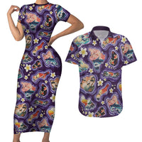 Hawaii Islands Map Design with Japanese Landscape Couples Matching Short Sleeve Bodycon Dress and Hawaiian Shirt Hawaiian Japan Fusion Art Purple Color
