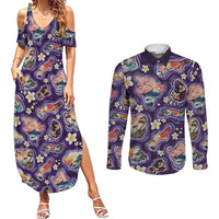 Hawaii Islands Map Design with Japanese Landscape Couples Matching Summer Maxi Dress and Long Sleeve Button Shirt Hawaiian Japan Fusion Art Purple Color