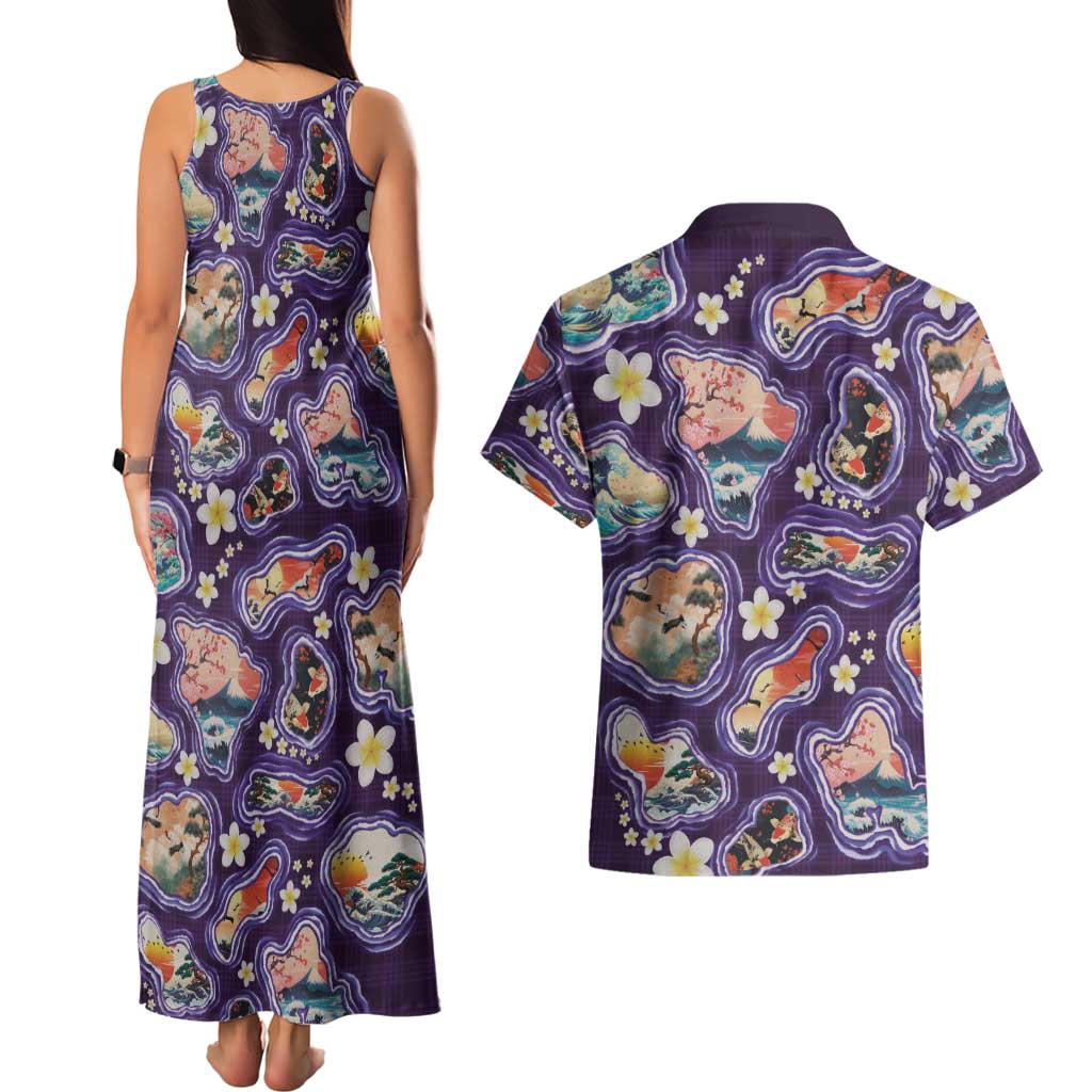 Hawaii Islands Map Design with Japanese Landscape Couples Matching Tank Maxi Dress and Hawaiian Shirt Hawaiian Japan Fusion Art Purple Color