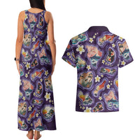 Hawaii Islands Map Design with Japanese Landscape Couples Matching Tank Maxi Dress and Hawaiian Shirt Hawaiian Japan Fusion Art Purple Color