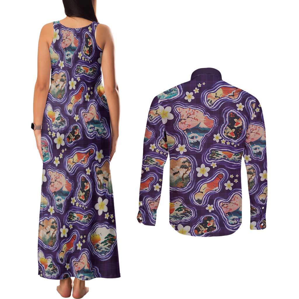 Hawaii Islands Map Design with Japanese Landscape Couples Matching Tank Maxi Dress and Long Sleeve Button Shirt Hawaiian Japan Fusion Art Purple Color