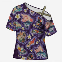 Hawaii Islands Map Design with Japanese Landscape Cross Shoulder Shirt Hawaiian Japan Fusion Art Purple Color