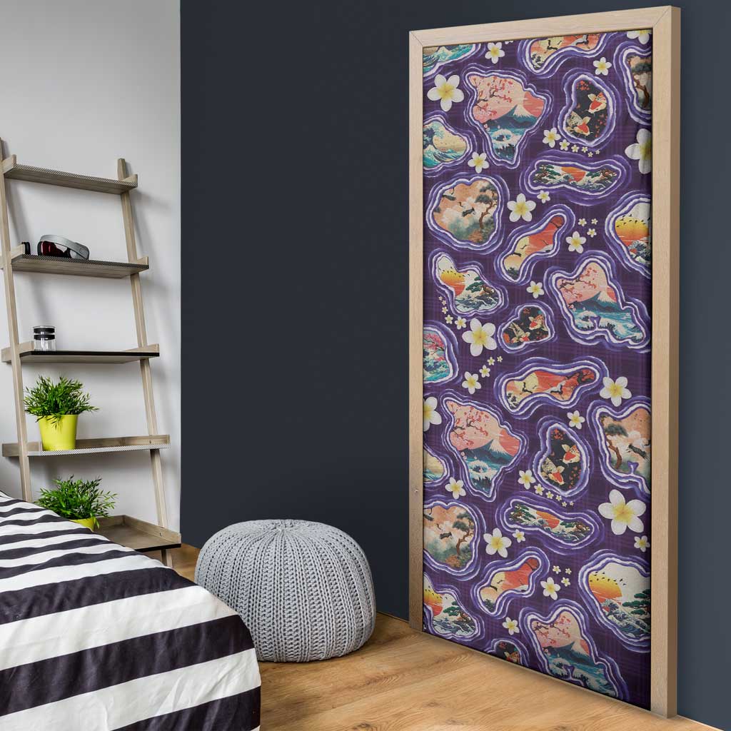 Hawaii Islands Map Design with Japanese Landscape Door Cover Hawaiian Japan Fusion Art Purple Color