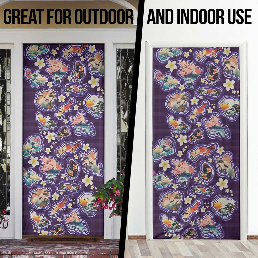 Hawaii Islands Map Design with Japanese Landscape Door Cover Hawaiian Japan Fusion Art Purple Color