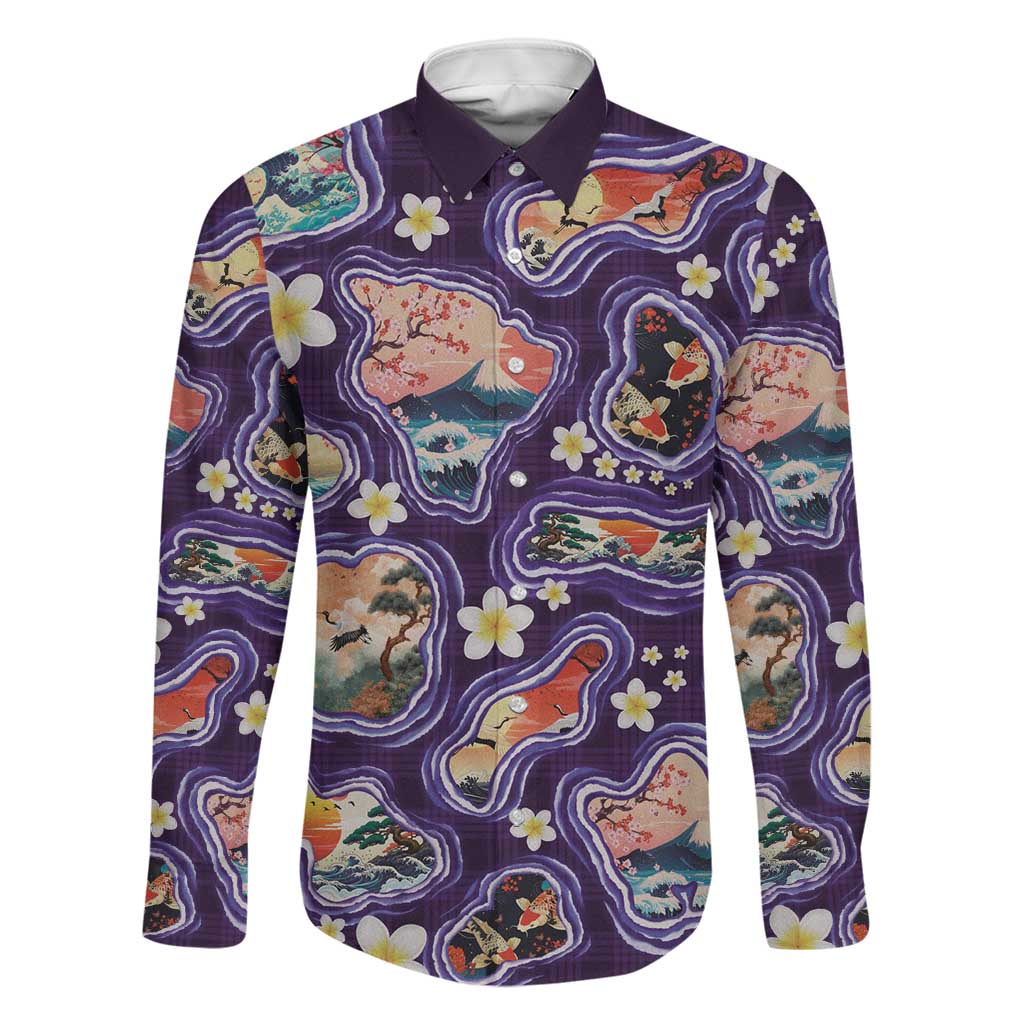 Hawaii Islands Map Design with Japanese Landscape Family Matching Long Sleeve Bodycon Dress and Hawaiian Shirt Hawaiian Japan Fusion Art Purple Color