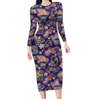 Hawaii Islands Map Design with Japanese Landscape Family Matching Long Sleeve Bodycon Dress and Hawaiian Shirt Hawaiian Japan Fusion Art Purple Color