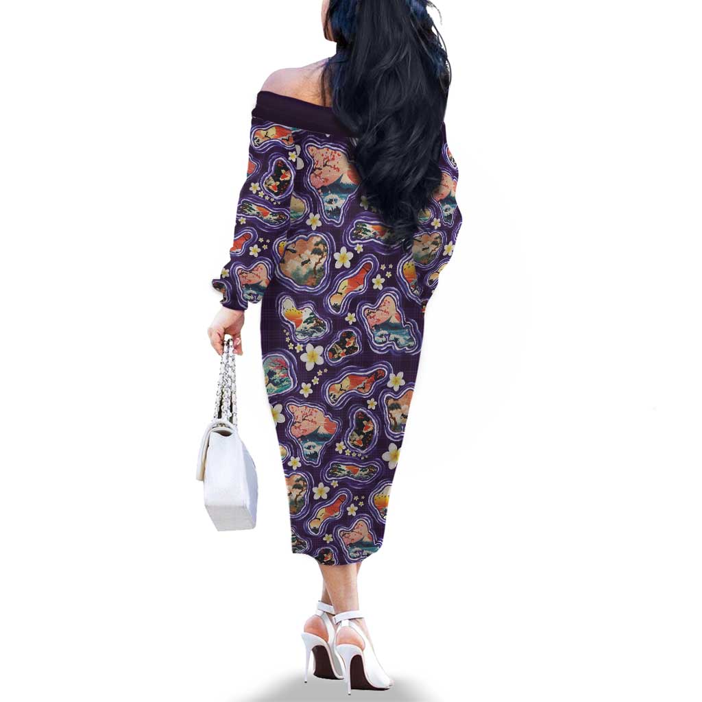 Hawaii Islands Map Design with Japanese Landscape Family Matching Off The Shoulder Long Sleeve Dress and Hawaiian Shirt Hawaiian Japan Fusion Art Purple Color