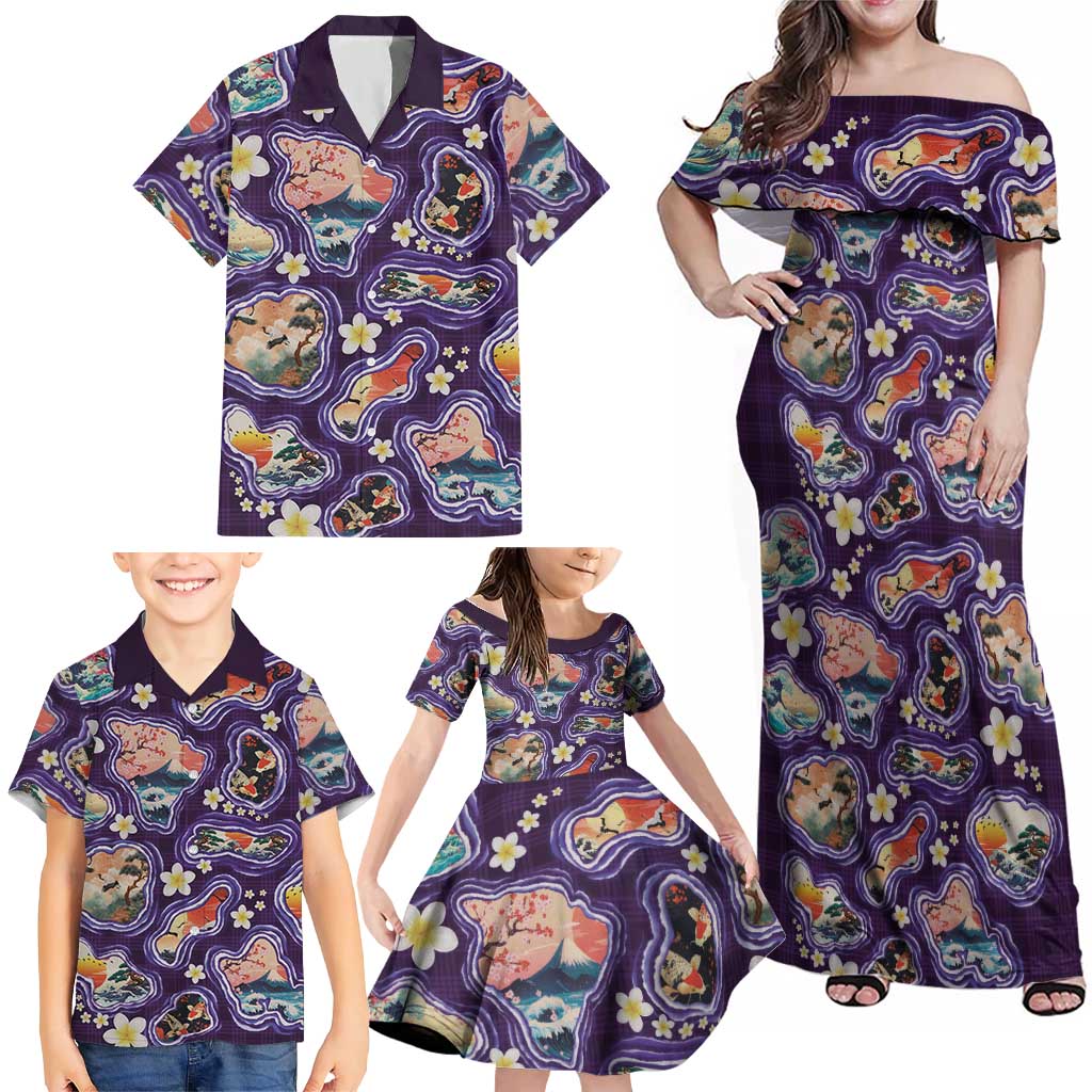 Hawaii Islands Map Design with Japanese Landscape Family Matching Off Shoulder Maxi Dress and Hawaiian Shirt Hawaiian Japan Fusion Art Purple Color