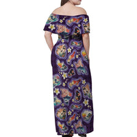 Hawaii Islands Map Design with Japanese Landscape Family Matching Off Shoulder Maxi Dress and Hawaiian Shirt Hawaiian Japan Fusion Art Purple Color
