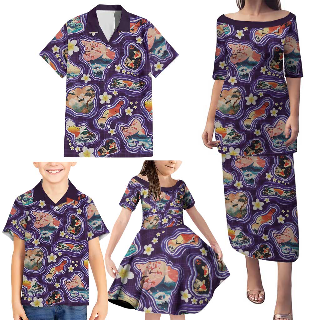 Hawaii Islands Map Design with Japanese Landscape Family Matching Puletasi and Hawaiian Shirt Hawaiian Japan Fusion Art Purple Color