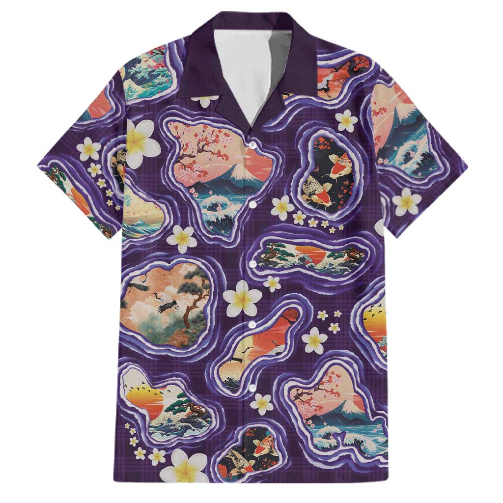 Hawaii Islands Map Design with Japanese Landscape Family Matching Puletasi and Hawaiian Shirt Hawaiian Japan Fusion Art Purple Color