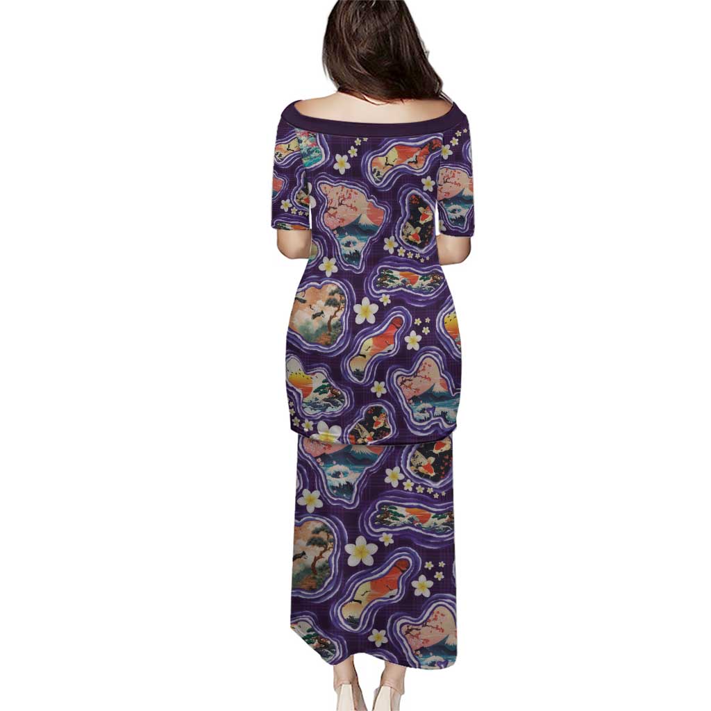 Hawaii Islands Map Design with Japanese Landscape Family Matching Puletasi and Hawaiian Shirt Hawaiian Japan Fusion Art Purple Color