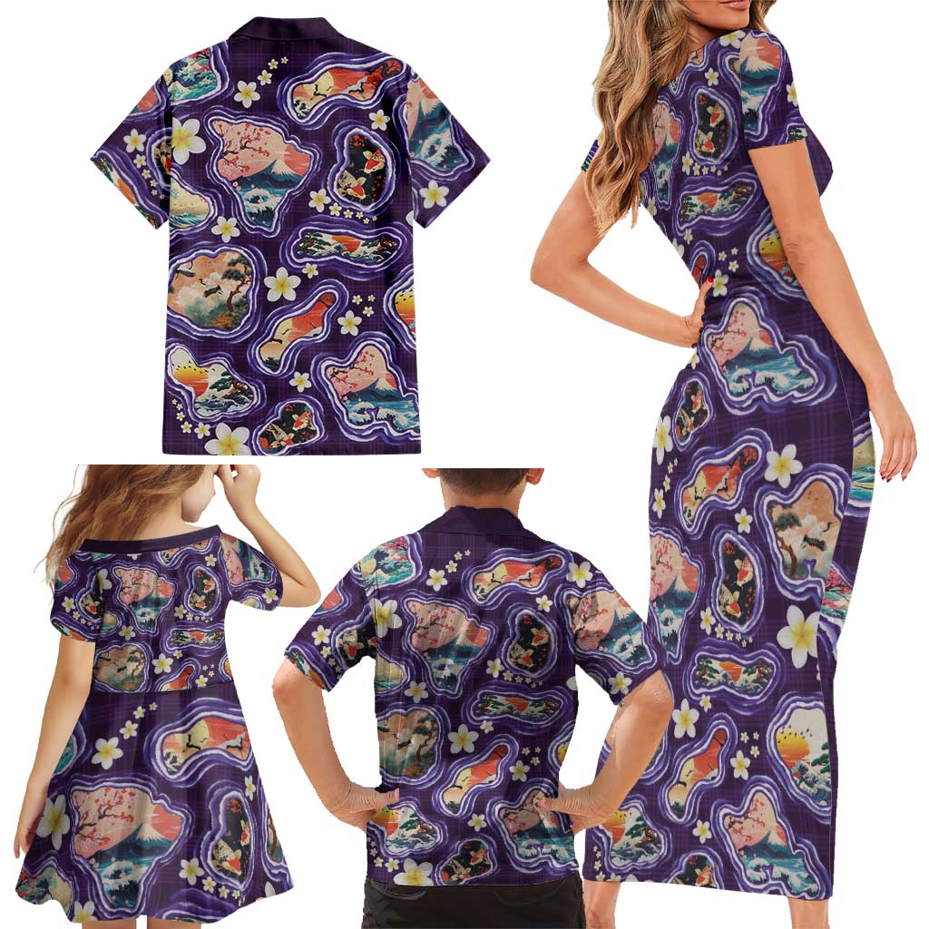 Hawaii Islands Map Design with Japanese Landscape Family Matching Short Sleeve Bodycon Dress and Hawaiian Shirt Hawaiian Japan Fusion Art Purple Color