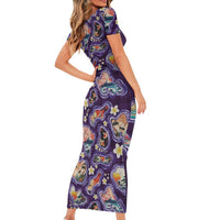 Hawaii Islands Map Design with Japanese Landscape Family Matching Short Sleeve Bodycon Dress and Hawaiian Shirt Hawaiian Japan Fusion Art Purple Color