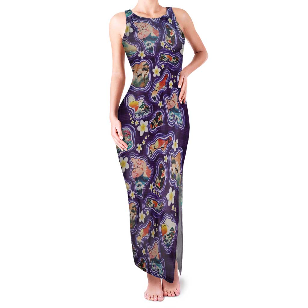Hawaii Islands Map Design with Japanese Landscape Family Matching Tank Maxi Dress and Hawaiian Shirt Hawaiian Japan Fusion Art Purple Color