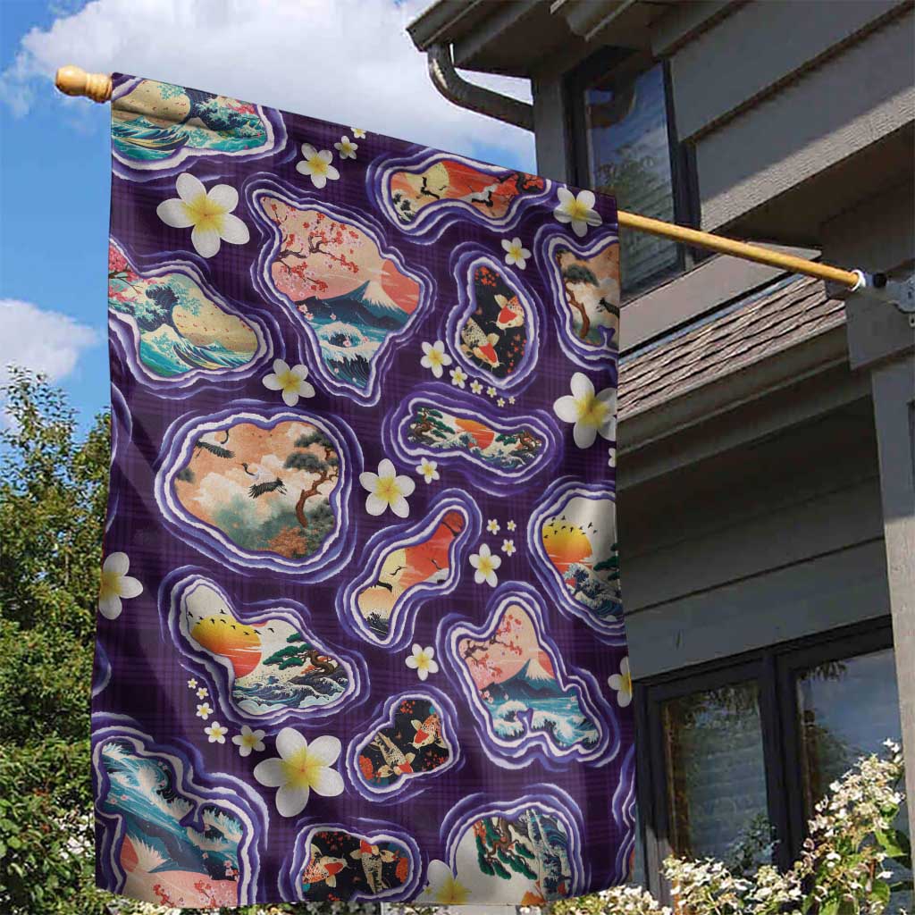 Hawaii Islands Map Design with Japanese Landscape Garden Flag Hawaiian Japan Fusion Art Purple Color