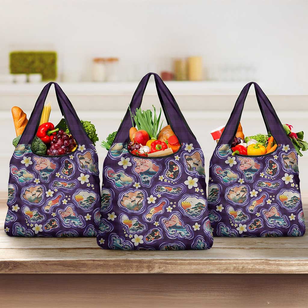 Hawaii Islands Map Design with Japanese Landscape Grocery Bag Hawaiian Japan Fusion Art Purple Color