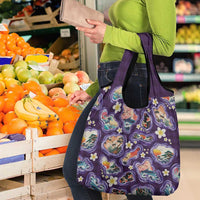 Hawaii Islands Map Design with Japanese Landscape Grocery Bag Hawaiian Japan Fusion Art Purple Color