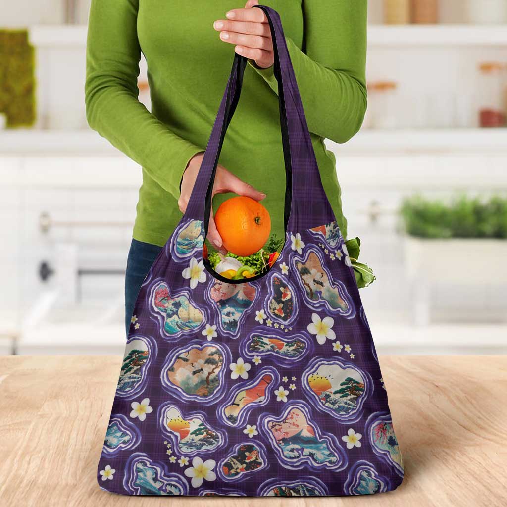 Hawaii Islands Map Design with Japanese Landscape Grocery Bag Hawaiian Japan Fusion Art Purple Color