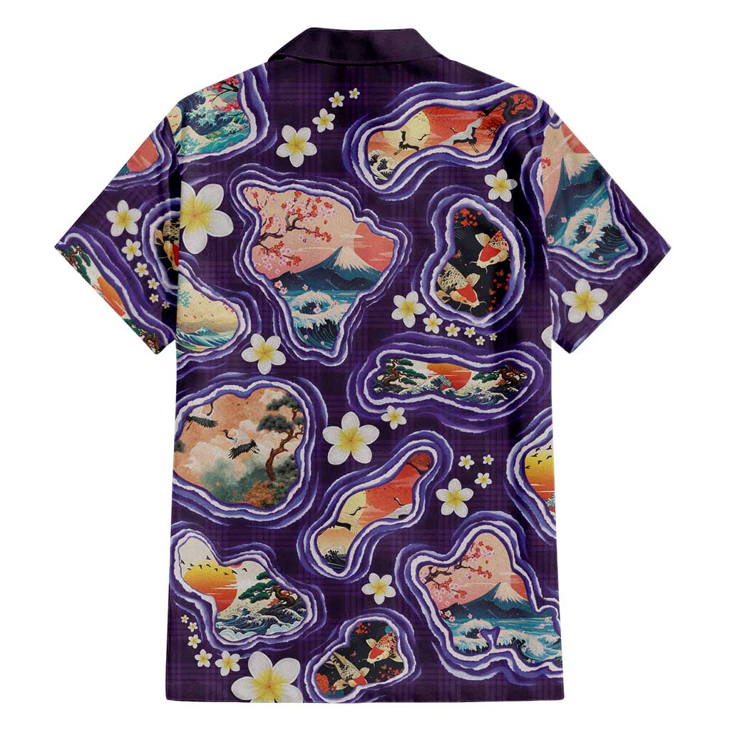 Hawaii Islands Map Design with Japanese Landscape Hawaiian Shirt Hawaiian Japan Fusion Art Purple Color