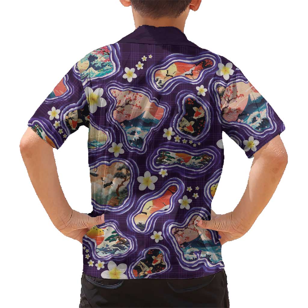 Hawaii Islands Map Design with Japanese Landscape Hawaiian Shirt Hawaiian Japan Fusion Art Purple Color