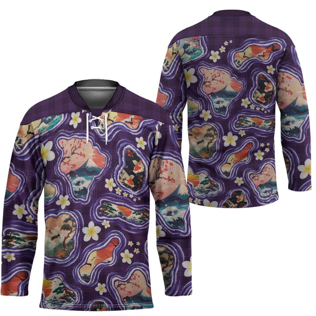 Hawaii Islands Map Design with Japanese Landscape Hockey Jersey Hawaiian Japan Fusion Art Purple Color