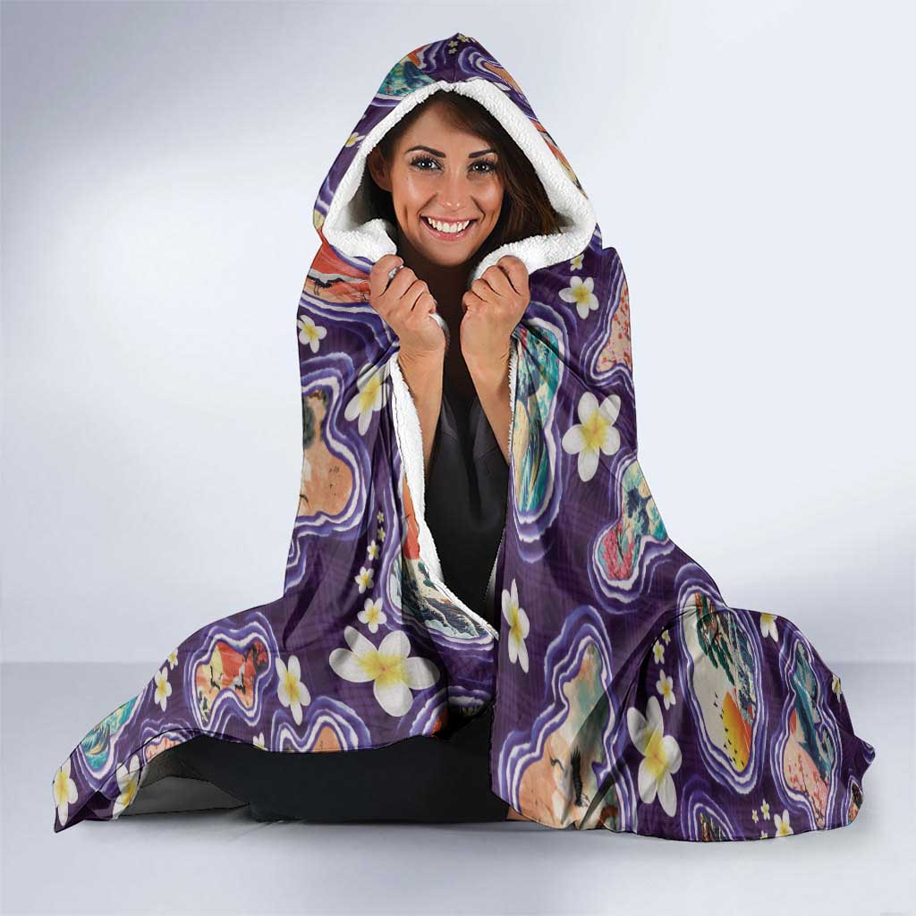 Hawaii Islands Map Design with Japanese Landscape Hooded Blanket Hawaiian Japan Fusion Art Purple Color