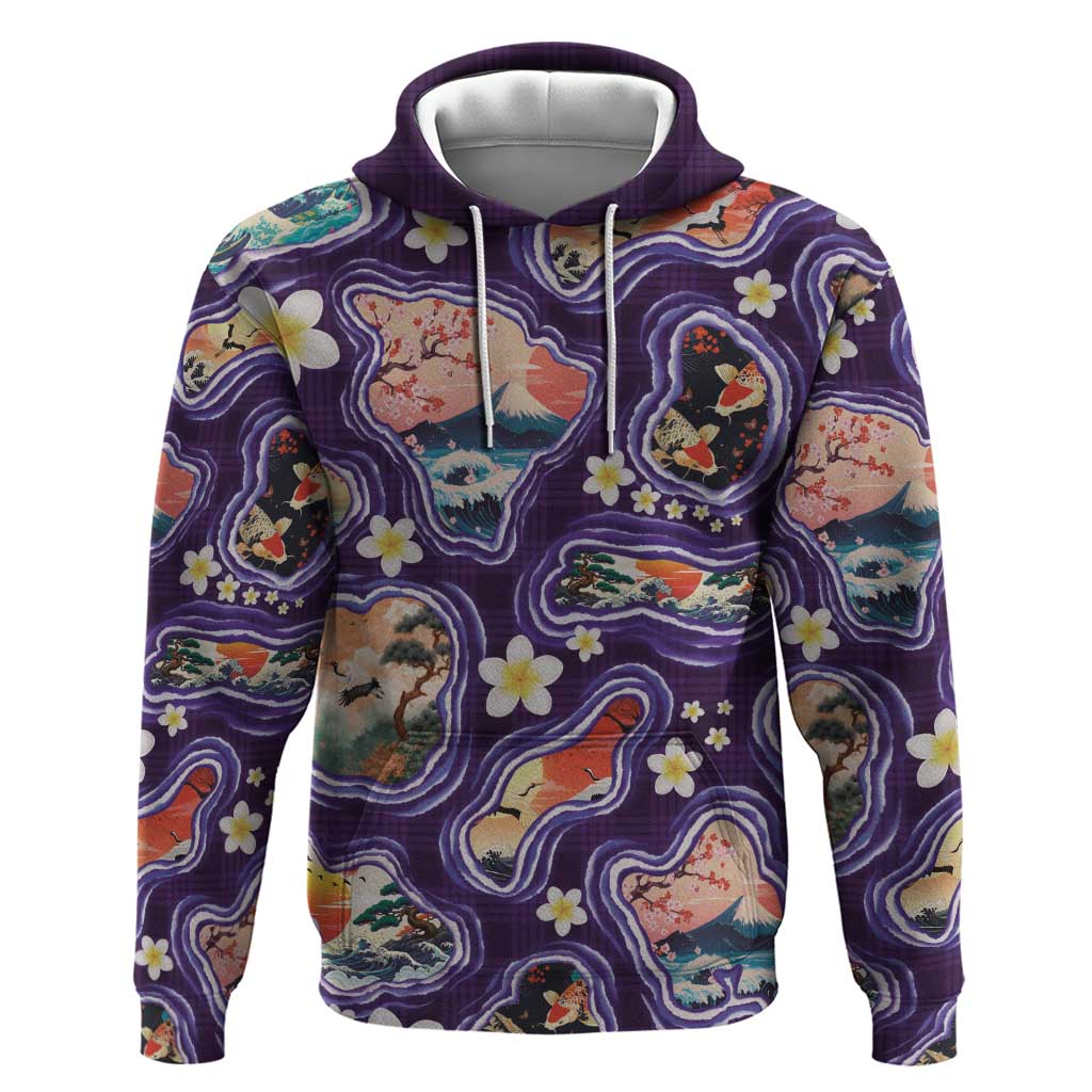 Hawaii Islands Map Design with Japanese Landscape Hoodie Hawaiian Japan Fusion Art Purple Color LT03 Pullover Hoodie Purple - Polynesian Pride
