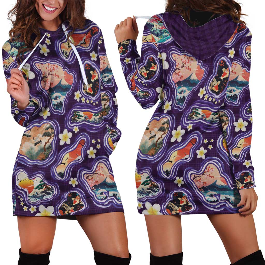 Hawaii Islands Map Design with Japanese Landscape Hoodie Dress Hawaiian Japan Fusion Art Purple Color
