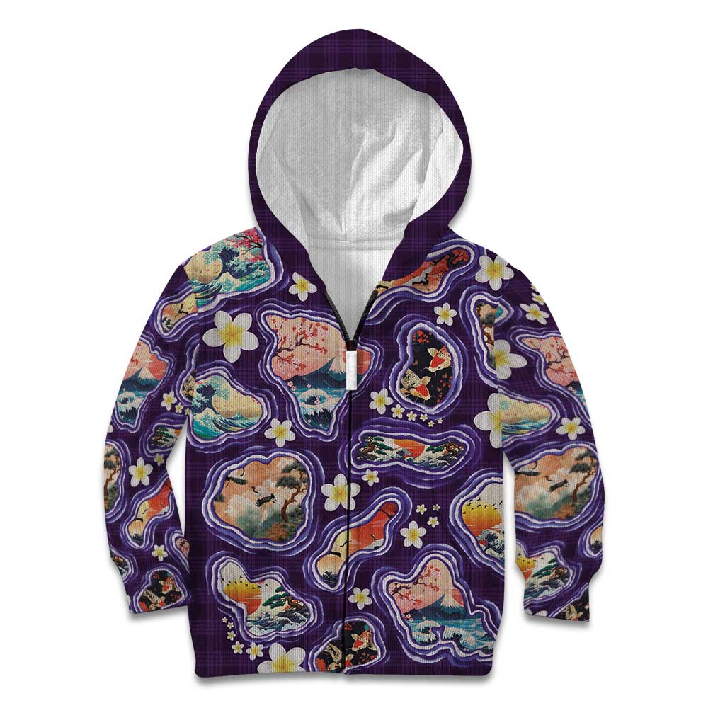 Hawaii Islands Map Design with Japanese Landscape Kid Hoodie Hawaiian Japan Fusion Art Purple Color