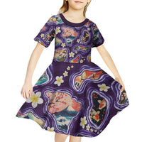 Hawaii Islands Map Design with Japanese Landscape Kid Short Sleeve Dress Hawaiian Japan Fusion Art Purple Color