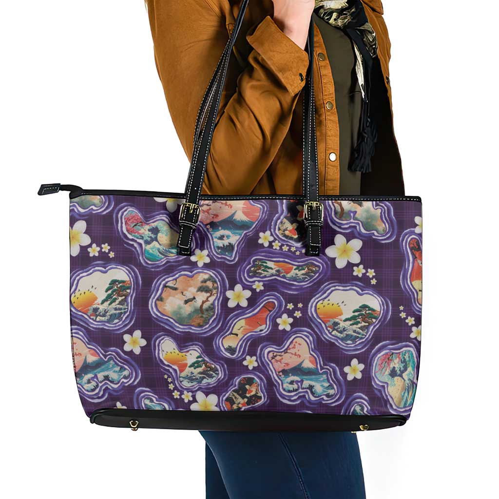Hawaii Islands Map Design with Japanese Landscape Leather Tote Bag Hawaiian Japan Fusion Art Purple Color