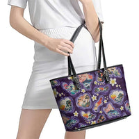 Hawaii Islands Map Design with Japanese Landscape Leather Tote Bag Hawaiian Japan Fusion Art Purple Color