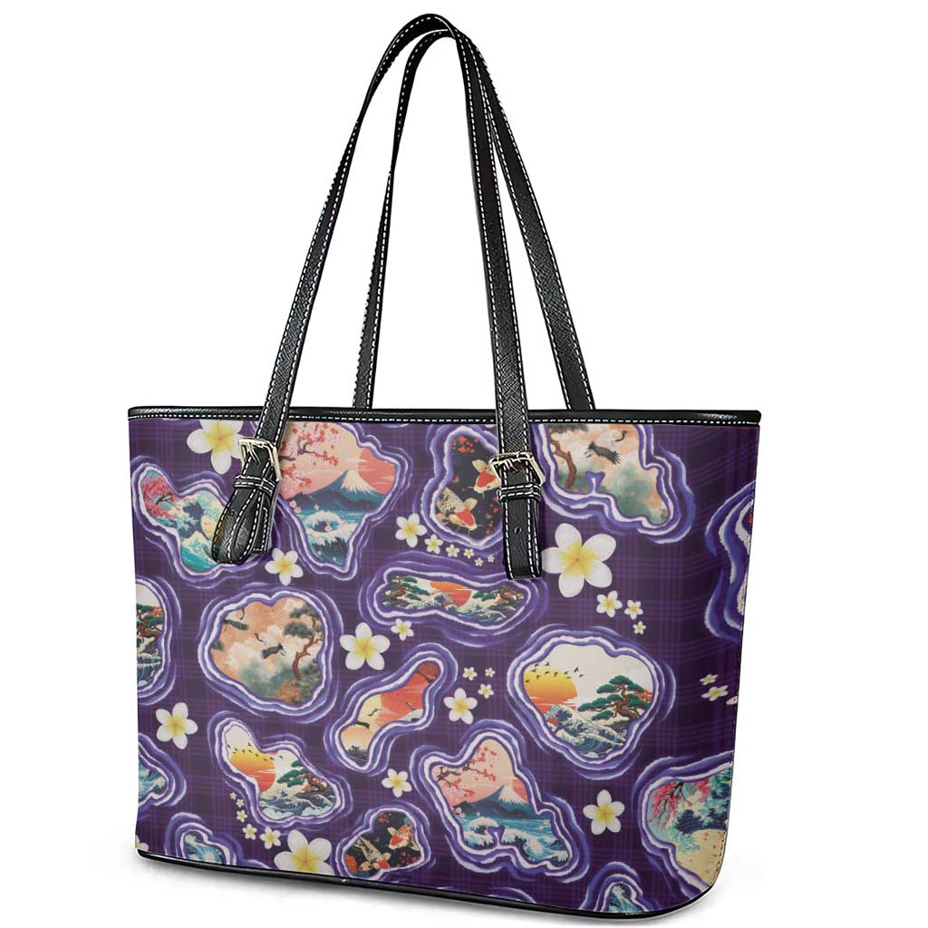 Hawaii Islands Map Design with Japanese Landscape Leather Tote Bag Hawaiian Japan Fusion Art Purple Color