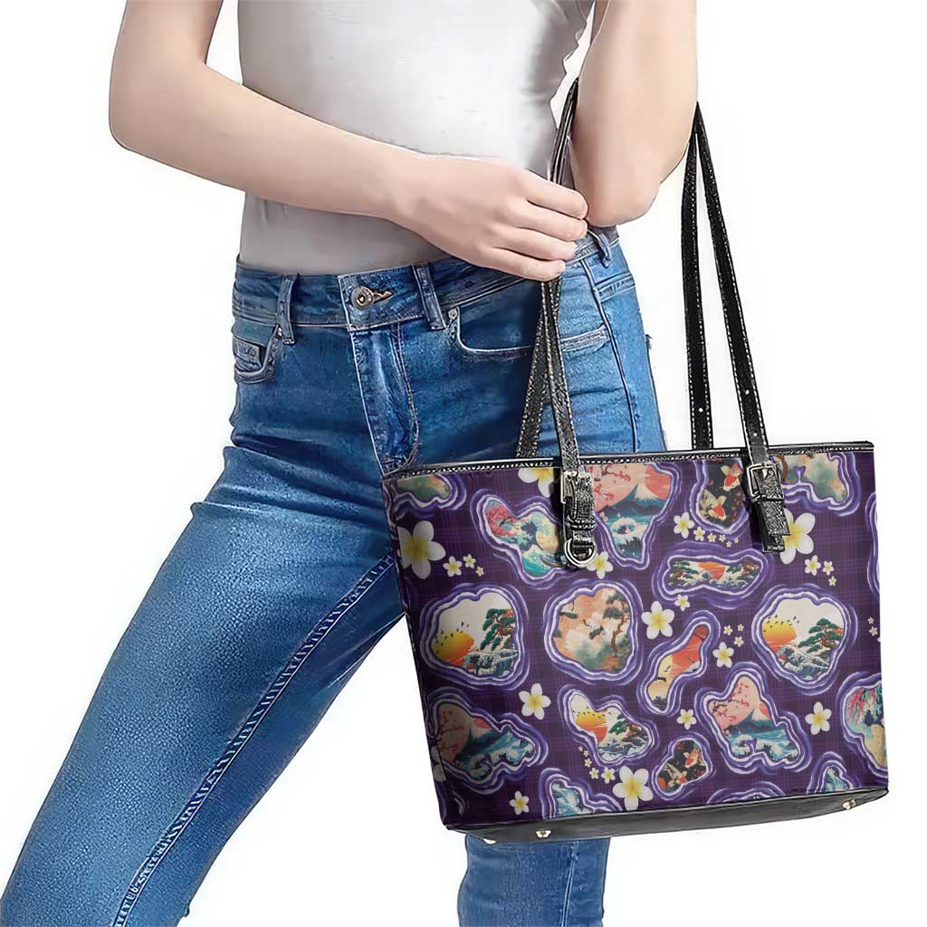 Hawaii Islands Map Design with Japanese Landscape Leather Tote Bag Hawaiian Japan Fusion Art Purple Color