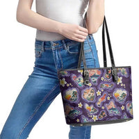 Hawaii Islands Map Design with Japanese Landscape Leather Tote Bag Hawaiian Japan Fusion Art Purple Color