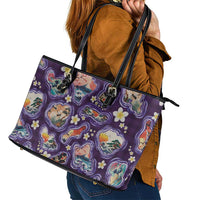 Hawaii Islands Map Design with Japanese Landscape Leather Tote Bag Hawaiian Japan Fusion Art Purple Color