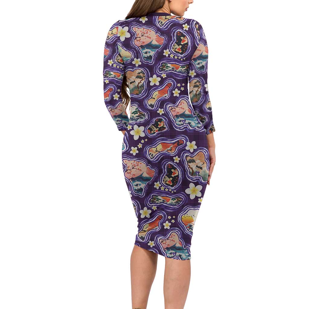 Hawaii Islands Map Design with Japanese Landscape Long Sleeve Bodycon Dress Hawaiian Japan Fusion Art Purple Color