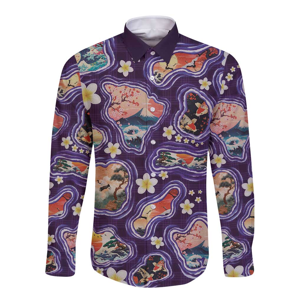Hawaii Islands Map Design with Japanese Landscape Long Sleeve Button Shirt Hawaiian Japan Fusion Art Purple Color LT03 Unisex Purple - Polynesian Pride