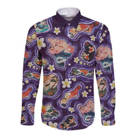 Hawaii Islands Map Design with Japanese Landscape Long Sleeve Button Shirt Hawaiian Japan Fusion Art Purple Color