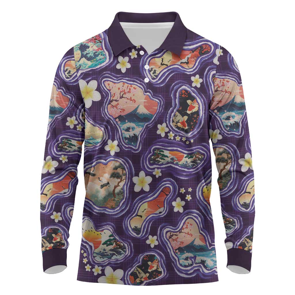Hawaii Islands Map Design with Japanese Landscape Long Sleeve Polo Shirt Hawaiian Japan Fusion Art Purple Color LT03 Purple - Polynesian Pride