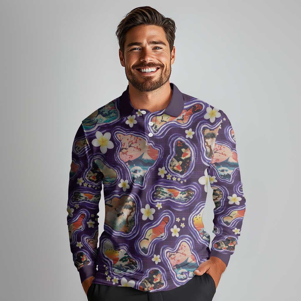Hawaii Islands Map Design with Japanese Landscape Long Sleeve Polo Shirt Hawaiian Japan Fusion Art Purple Color