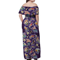 Hawaii Islands Map Design with Japanese Landscape Off Shoulder Maxi Dress Hawaiian Japan Fusion Art Purple Color