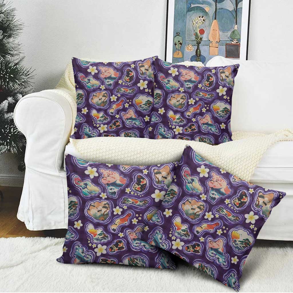 Hawaii Islands Map Design with Japanese Landscape Pillow Cover Hawaiian Japan Fusion Art Purple Color